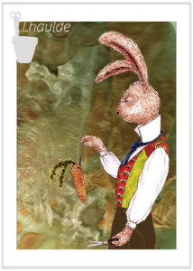 lapin vêtu d'un costume à cravate et chemise col montant et gilet tenant un fil au bout duquel pend une carotte. Elle servait d'appât au bout d'un fil de pêche qu'il a coupé