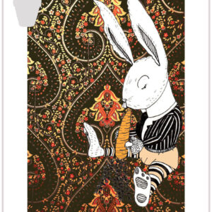 dessin ayant pour fond une tapisserie vintage dans les tons noirs et or, avec dessus un lapin habillé en costume, assis en train de manger une grosse carotte