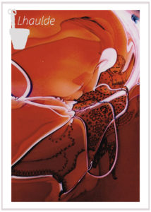 dessin sur photo La photo représente la peinture d'un pot remuée et qui forme comme un dessin abstrait Le dessin représente une femme habillée de dentelles