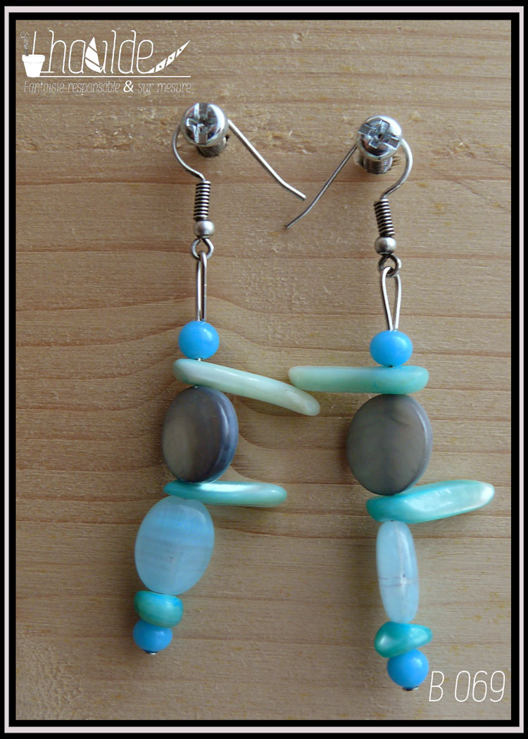 Paire de boucles d'oreilles en nacre bleu, crochet en acier inox