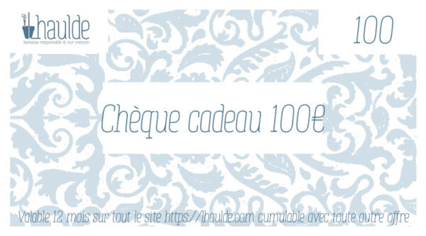 chèque cadeau de 100 euros, visuel classique, horizontal avec des motifs décoratifs pour le fond du chèque