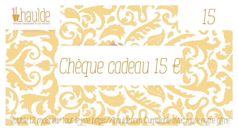 chèque cadeau de 15 euros, visuel classique, horizontal avec des motifs décoratifs pour le fond du chèque