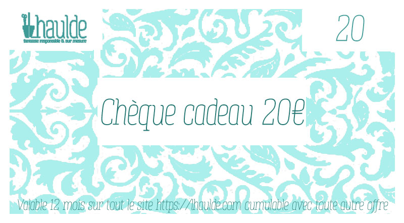 chèque cadeau de 20 euros, visuel classique, horizontal avec des motifs décoratifs pour le fond du chèque