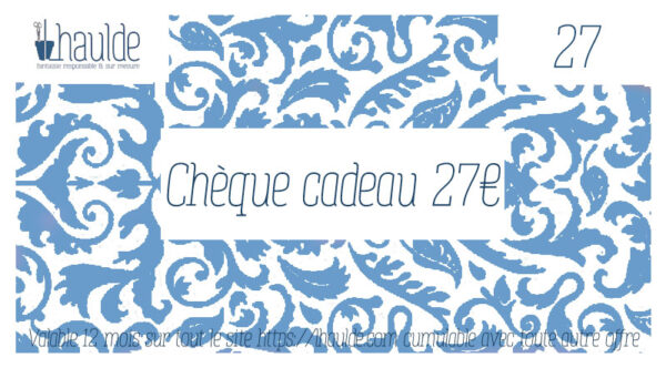 chèque cadeau de 27 euros, visuel classique, horizontal avec des motifs décoratifs pour le fond du chèque