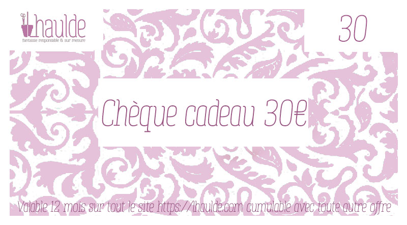 chèque cadeau de 30 euros, visuel classique, horizontal avec des motifs décoratifs pour le fond du chèque