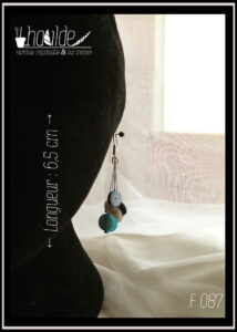 Paire de boucles d'oreilles, crochet acier. Six perles plates en verre imitation nacre, bleu, blanc et bleu foncé chacune au bout d'un fil synthétique rigide. Longueur 6,5 cm Vues sur un mannequin tête