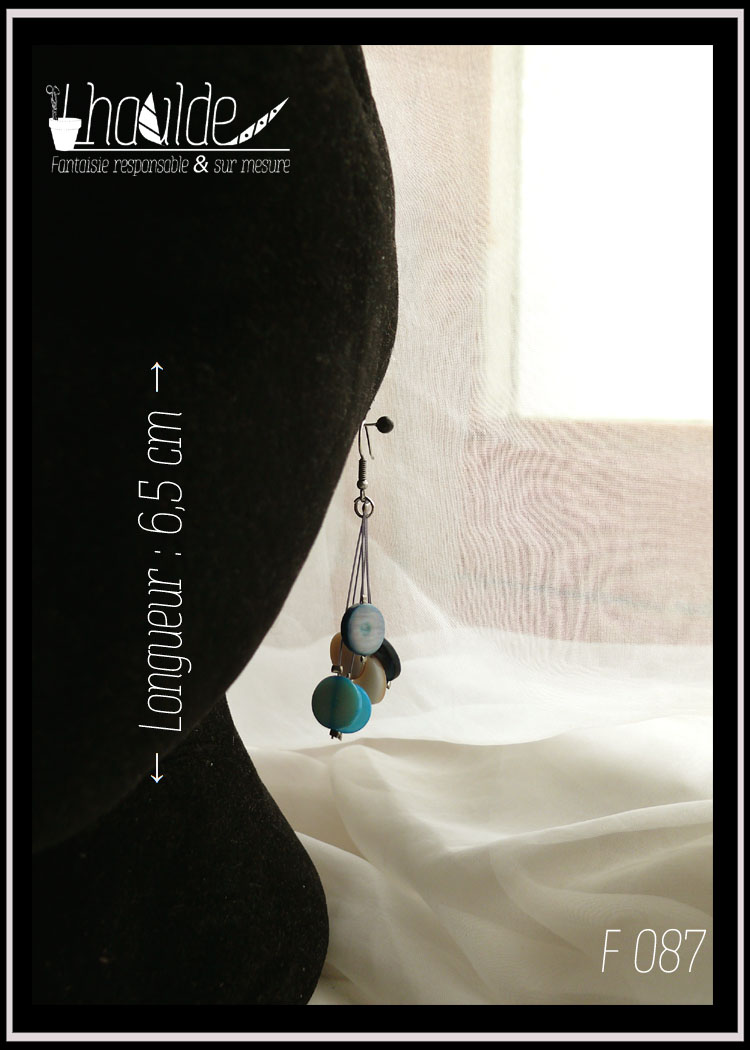 Paire de boucles d'oreilles, crochet acier. Six perles plates en verre imitation nacre, bleu, blanc et bleu foncé chacune au bout d'un fil synthétique rigide. Longueur 6,5 cm Vues sur un mannequin tête