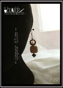 Paire de boucles d'oreilles. Crochet acier. Perles en nacre, verre et acier montées sur tige acier. Perle plate creuse circulaire en nacre marron avec au centre une perle en verre opaque blanc, perle plate carrée en verre imitation nacre gris et pour finir une perle carrée biseautée en acier. Longueur 6,5 cm Vue sur une tête de mannequin