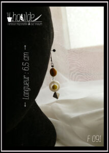 Paire de boucles d'oreilles. Crochet acier. Perles en nacre, verre et acier montées sur tige acier. Perle plate en nacre jaune, perle plate creuse circulaire en nacre blanc avec au centre une perle en verre opaque jaune et pour finir une perle carrée biseautée en acier. Longueur 6,5 cm Vue sur un mannequin tête