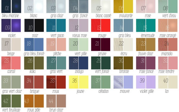 Nuancier des couleurs de double gaze disponibles. Contactez moi s'il vous plait pour choisir une nuance, l'énumération des 43 couleurs me semble un peu inutile.