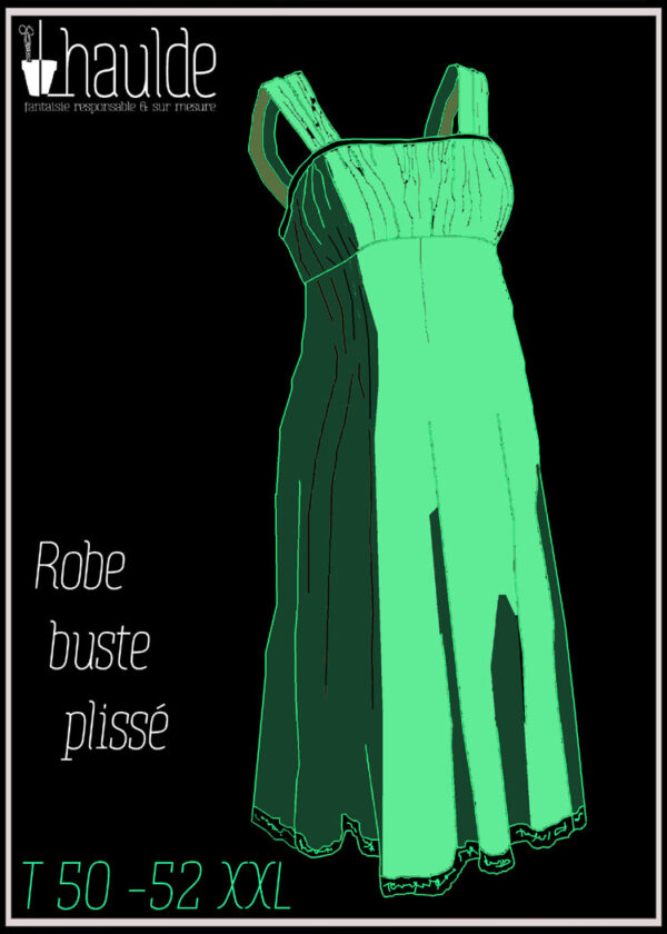 Visuel schématique de la robe, plis au niveau de la poitrine, double bretelles, jupe évasée