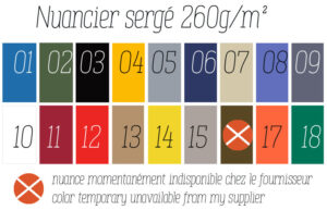 nuancier des sergés disponibles, bleu, kaki, noir, jaune d'or, gris, bleu marine, écru , bleu lavande, gris foncé, blanc, rouge bordeaux, rouge vif, beige, jaune citron, gris perle, orange, vert émeraude