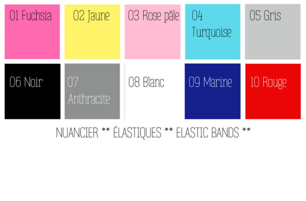 Nuancier des élastiques pour la taille. Fuchsia, jaune, rose pâle, turquoise, gris, noir, gris anthracite, blanc, marine et rouge