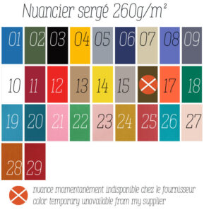 nuancier des sergés disponibles, avec leur numéro 01 bleu 02 kaki 03 noir 04 jaune d'or 05gris 06 bleu marine 07 écru 08 bleu lavande 09 gris foncé 10 blanc 11 rouge bordeaux 12 rouge vif 13 beige 14 jaune citron, 15 gris perle 16 marron kaki indispo 17 orange 18 vert émeraude 19 bleu turquoise 20 bleu paon 21 rose 22 vert 23 rose pâle 24 jaune curry 25 rose foncé 26 bleu canard 27 rose très pâle 28 orange foncé 29 rouge cramoisi