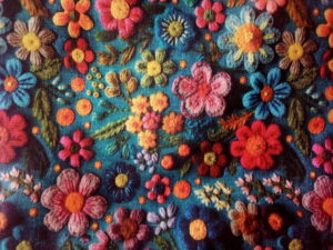Toile de coton bleu paon imprimé fausses broderies de fleurs effet 3D