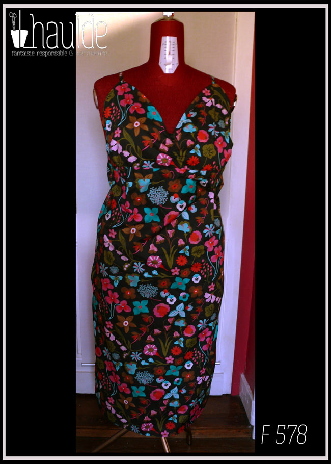 Robe dos nu en popeline noire imprimé fleurs à dominante rose-rouge et turquoise Décolleté en V courbe, bretelles fines Vue de face sur un mannequin de couture