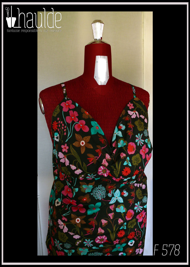 Robe dos nu en popeline noire imprimé fleurs à dominante rose-rouge et turquoise Décolleté en V courbe, bretelles fines Vue de détail du buste sur un mannequin de couture