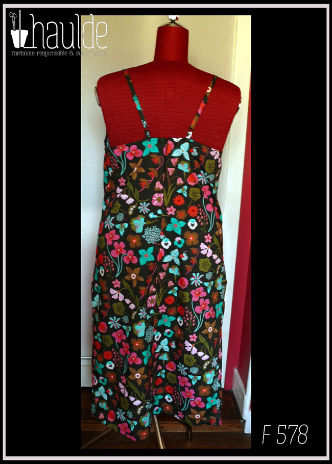 Robe dos nu en popeline noire imprimé fleurs à dominante rose-rouge et turquoise Décolleté en V courbe, bretelles fines Vue de dos sur un mannequin de couture