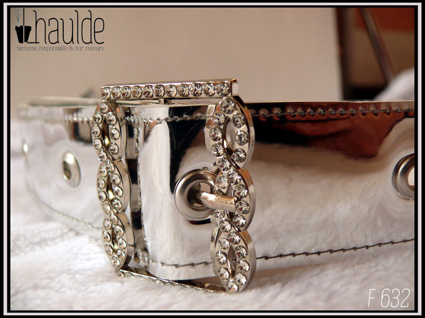 Une ceinture en simili cuir argenté rutilant avec une boucle rectangulaire décorée de strass Vue en gros plan de la boucle, les strass forment un genre de tresse ouverte de chaque côté dans le sens de la hauteur