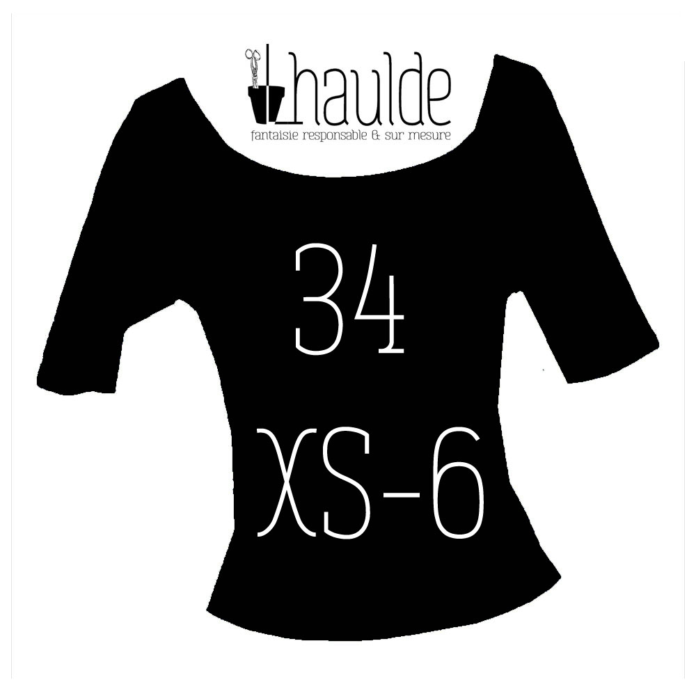 Visuel de la catégorie taille 34 XS Un tshirt noir sur fond blanc avec la taille inscrite en son centre. Le logo lhaulde est au niveau de l'encolure