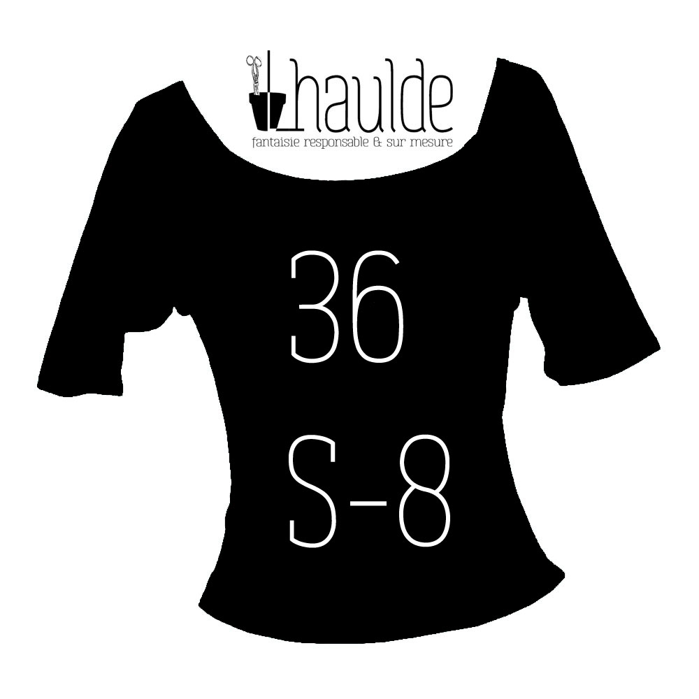 Visuel de la catégorie taille 36 S Un tshirt noir sur fond blanc avec la taille inscrite en son centre. Le logo lhaulde est au niveau de l'encolure