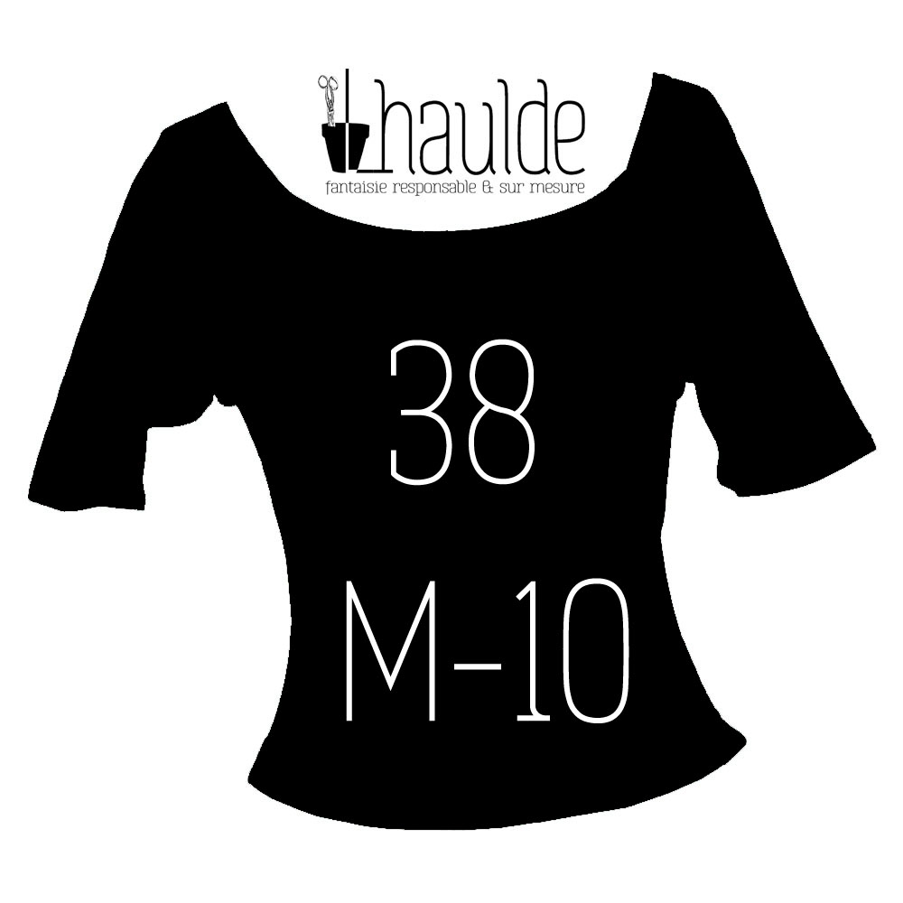Visuel de la catégorie taille 38 M Un tshirt noir sur fond blanc avec la taille inscrite en son centre. Le logo lhaulde est au niveau de l'encolure