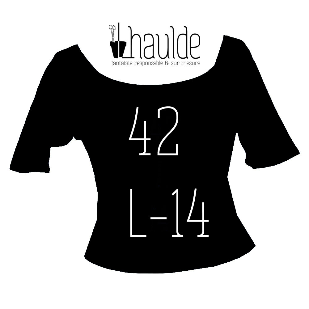 Visuel de la catégorie taille 42 L Un tshirt noir sur fond blanc avec la taille inscrite en son centre. Le logo lhaulde est au niveau de l'encolure