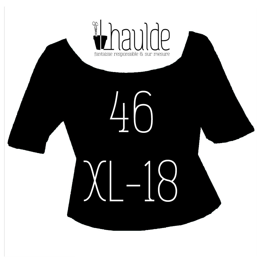 Visuel de la catégorie taille 46 XL Un tshirt noir sur fond blanc avec la taille inscrite en son centre. Le logo lhaulde est au niveau de l'encolure