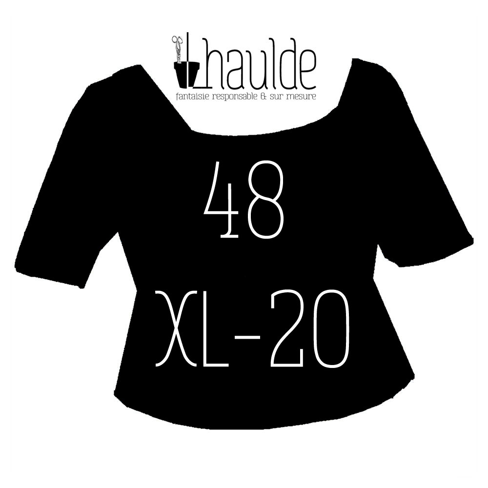 Visuel de la catégorie taille 48 XL Un tshirt noir sur fond blanc avec la taille inscrite en son centre. Le logo lhaulde est au niveau de l'encolure