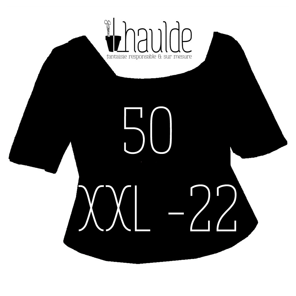 Visuel de la catégorie taille 50 XXL Un tshirt noir sur fond blanc avec la taille inscrite en son centre. Le logo lhaulde est au niveau de l'encolure