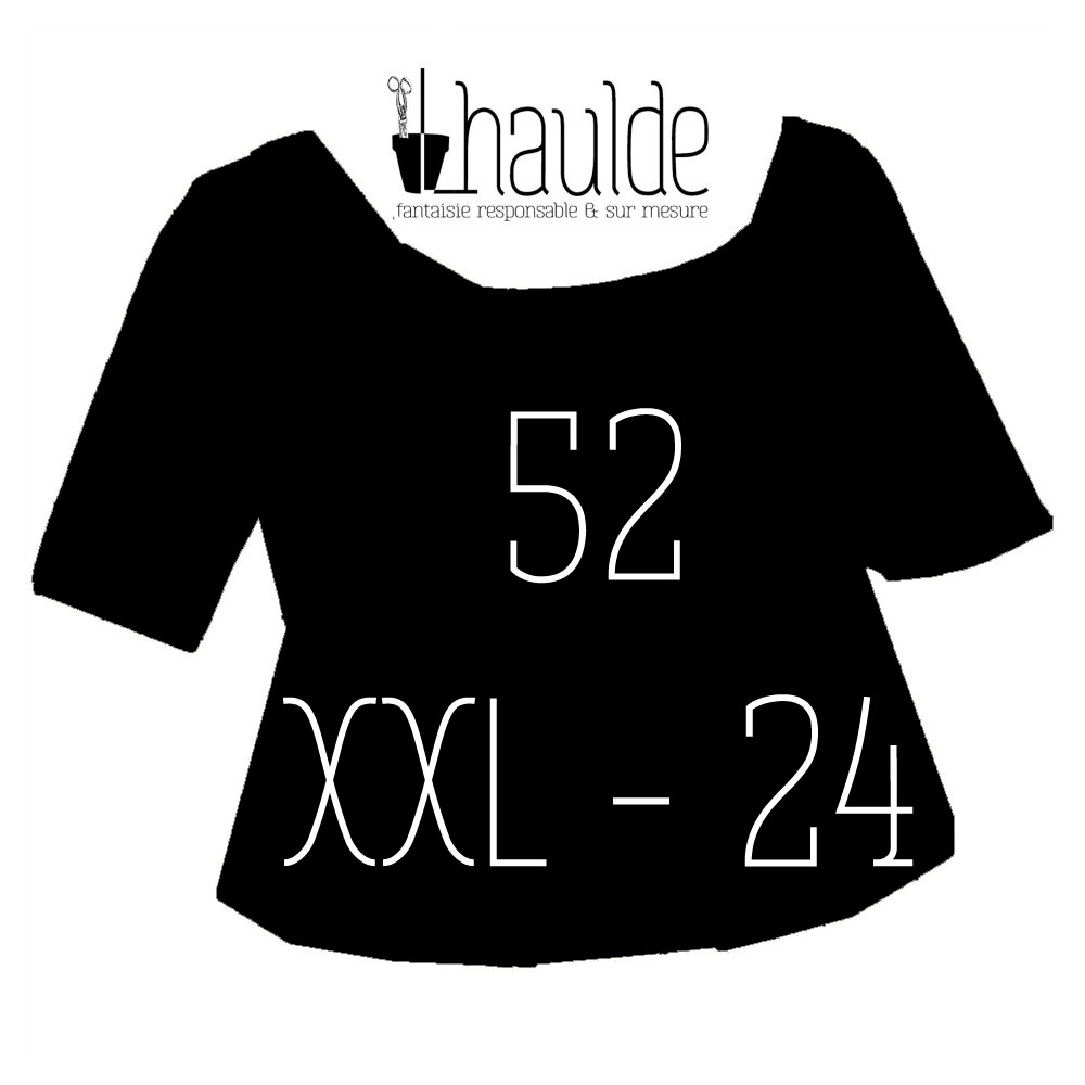 Visuel de la catégorie taille 52 XXL Un tshirt noir sur fond blanc avec la taille inscrite en son centre. Le logo lhaulde est au niveau de l'encolure