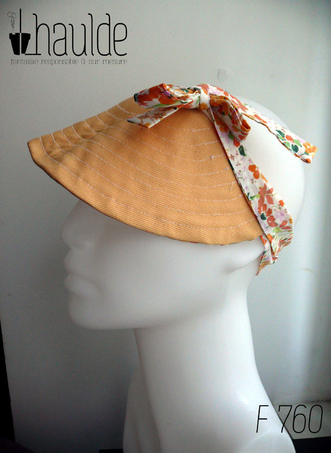 Visière à nouer vue sur l'envers, côté sergé jaune orangé uni, l'autre côté est en tissu blanc imprimé de fleurs oranges et roses, les brides sont également en tissu imprimé Vue de profil sur une tête de mannequin
