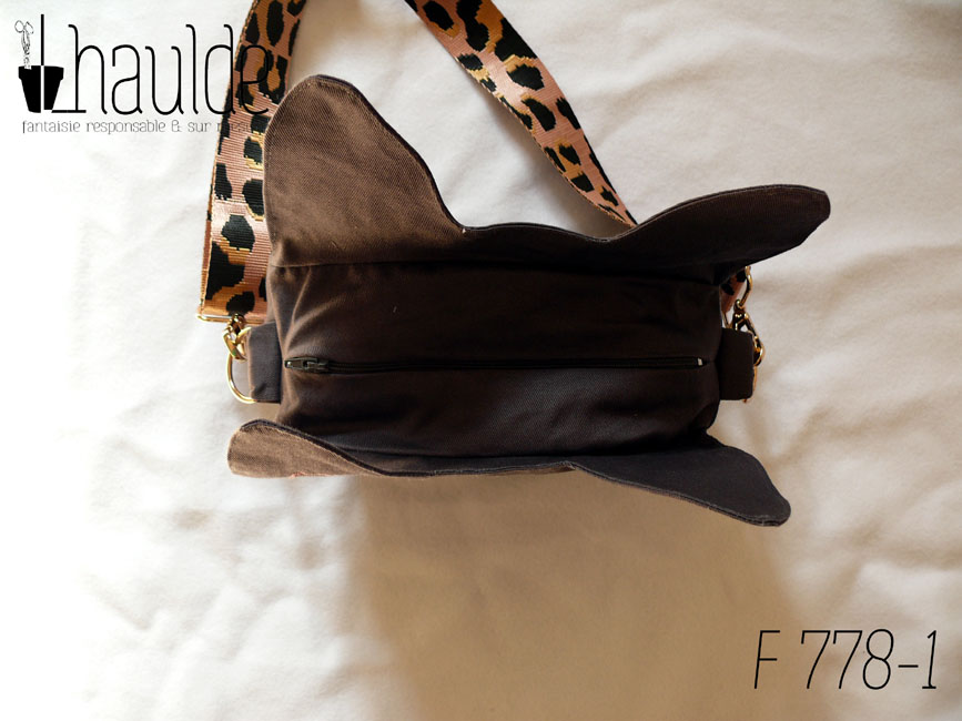 Vue de dessus du sac, avec le zip qui le ferme, au milieu des deux faces chats. Sergé gris foncé avec une bandoulière rose à motifs léopard noirs