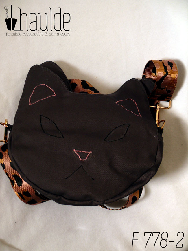 Sac gris foncé en forme de tête de chat Vue de la face esquissée, les yeux, les oreilles, la truffe et la gueule sont de simples lignes