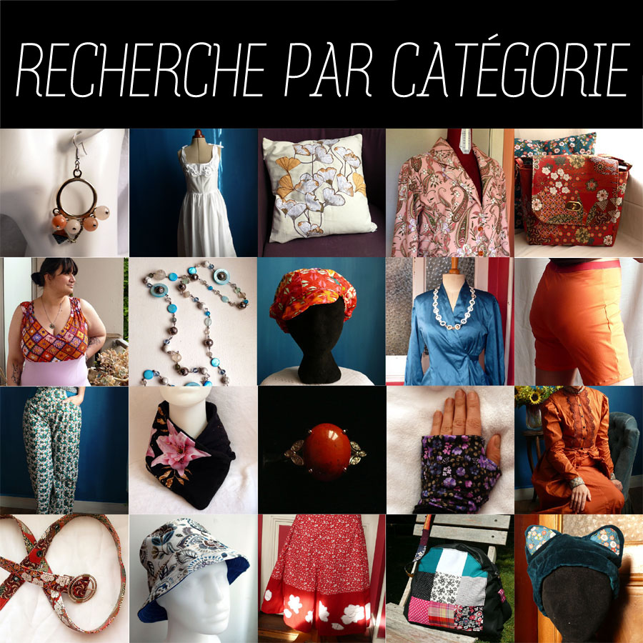 le visuel de la recherche par catégories, illustré de vingt vignettes montrant des échantillons de mon travail, boucles d'oreilles, robes, housse de coussin, veste, sac, haut, colliers, casquette, chemisier, short, pantalon, tour de cou, bague, mitaines, costumes pour déguisement, ceinture, chapeau, jupes, une autre forme de sac et bonnet à oreilles de chat En haut, le texte "recherche par catégorie" en blanc sur fond noir