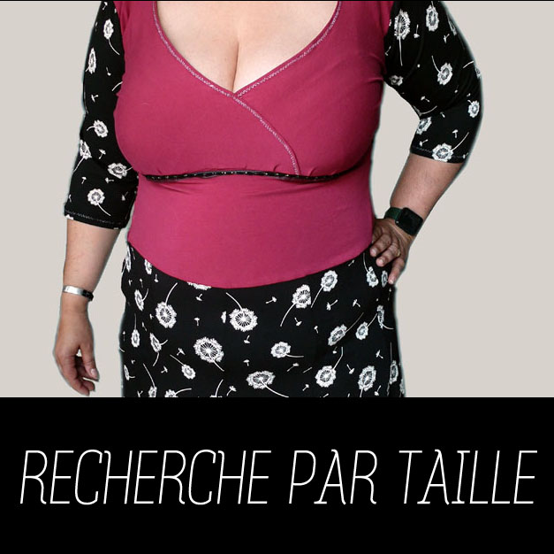 le visuel de la recherche par taille, illustré par une photo d'une robe coeur croisée manches mi longues en jersey, manches et jupe noir imprimé pissenlits en graines blancs, centre jersey rose foncé, vue portée. En bas le texte "recherche par taille" en blanc sur fond noir