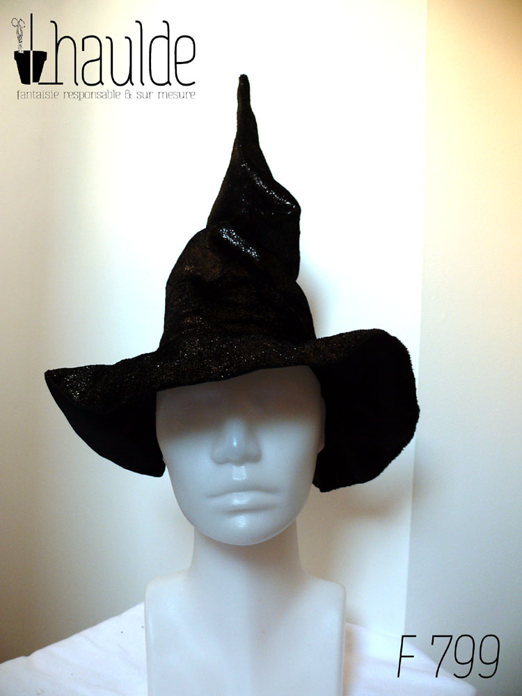 Chapeau de sorcière pointu en panne de velours synthétique brillant à petites paillettes irisées Vu de face sur une tête de mannequin